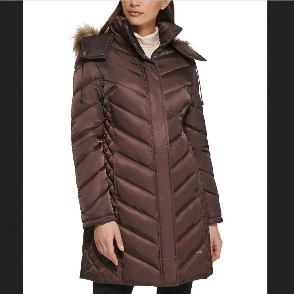 Kenneth Cole Long Line Puffer Coat in Dark Roast Brown‎ Sz XS No Hood